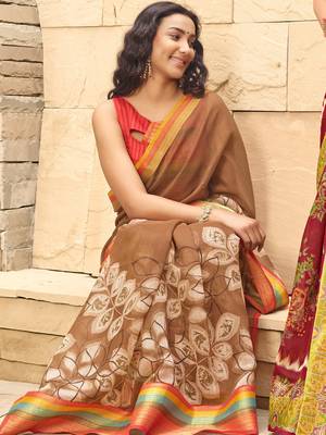 Brown printed faux linen saree with blouse 2