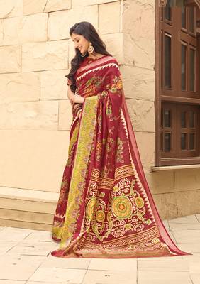 Maroon printed faux linen saree with blouse 1
