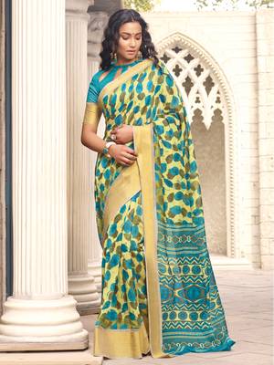 Yellow printed faux linen saree with blouse 1