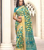 Yellow printed faux linen saree with blouse