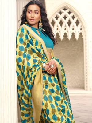 Yellow printed faux linen saree with blouse 2