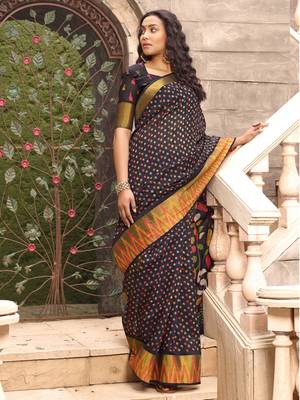 Black printed faux linen saree with blouse 1