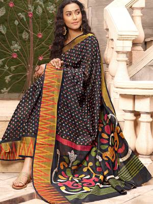 Black printed faux linen saree with blouse 2