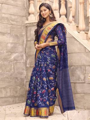 Blue printed faux linen saree with blouse 1