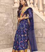 Blue printed faux linen saree with blouse