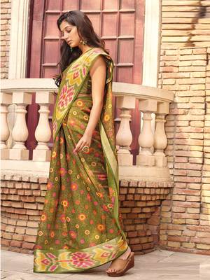 Olive printed faux linen saree with blouse 1