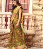 Olive printed faux linen saree with blouse