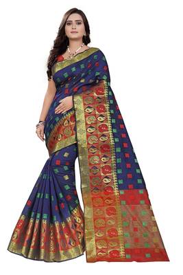 Navy Woven Cotton Saree With Blouse 1