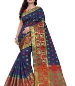 Navy Woven Cotton Saree With Blouse