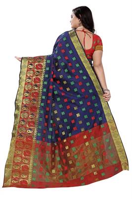 Navy Woven Cotton Saree With Blouse 2