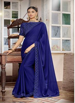   navy blue embroidered georgette saree with blouse 1