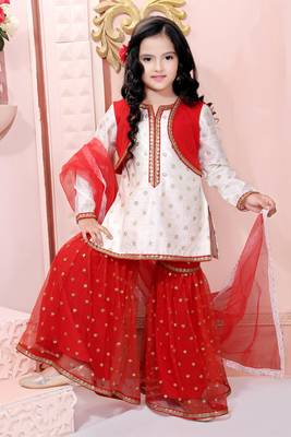 White Embroidered Chanderi Silk Kids Salwar Suits 1