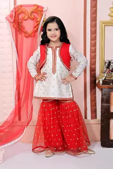 White Embroidered Chanderi Silk Kids Salwar Suits