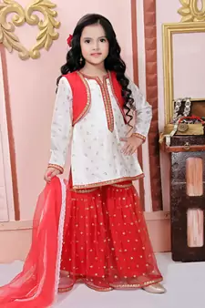 White Embroidered Chanderi Silk Kids Salwar Suits