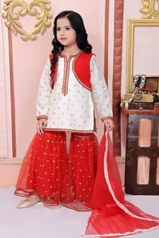 White Embroidered Chanderi Silk Kids Salwar Suits