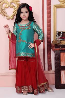Green Embroidered Brocade Kids Salwar Suits 1