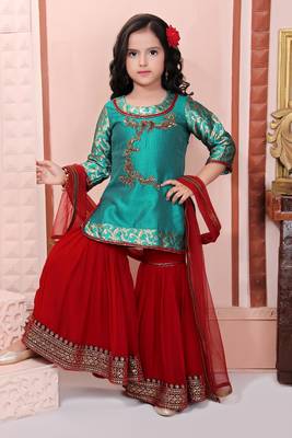 Green Embroidered Brocade Kids Salwar Suits 2