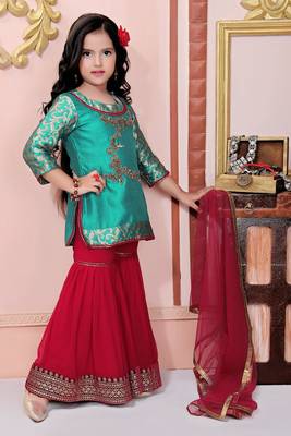 Green Embroidered Brocade Kids Salwar Suits 3