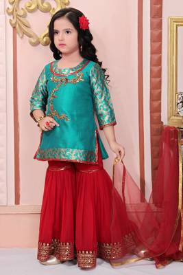 Green Embroidered Brocade Kids Salwar Suits 5