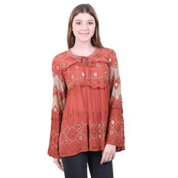 Red Embroidered Blended Cotton Top 1