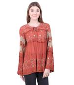 Red Embroidered Blended Cotton Top