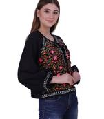 Black embroidered blended cotton cotton-tops