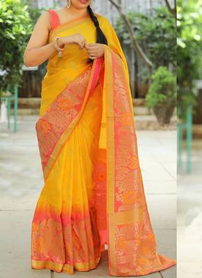 Yellow Woven Banarasi Silk Saree With Blouse 1