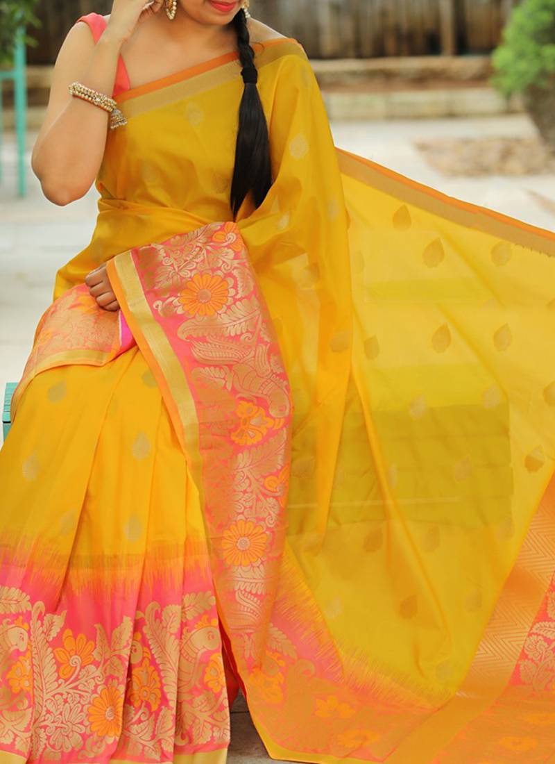 Yellow Woven Banarasi Silk Saree With Blouse