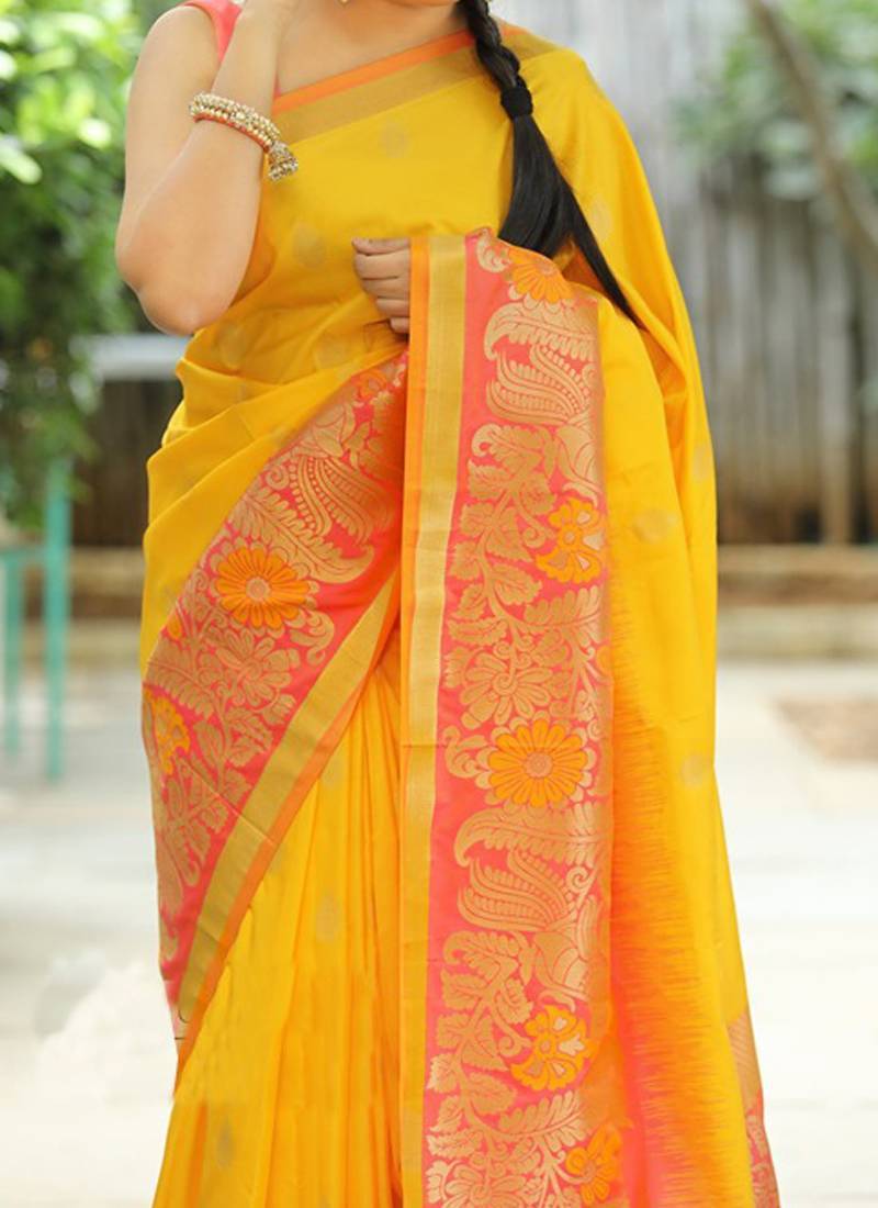 Yellow Woven Banarasi Silk Saree With Blouse