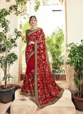 Red embroidered georgette saree with blouse 1
