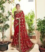 Red embroidered georgette saree with blouse