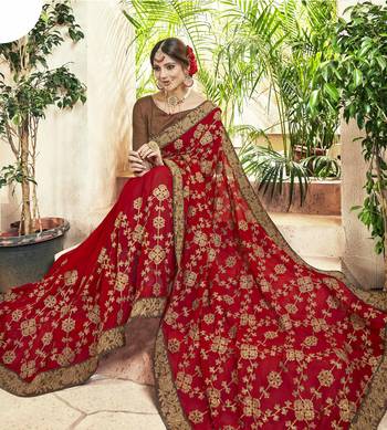 Red embroidered georgette saree with blouse 2