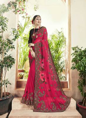 Pink embroidered georgette saree with blouse 1