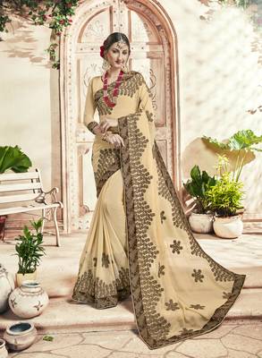 Cream embroidered georgette saree with blouse 1