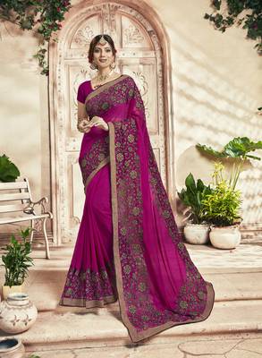 Rani pink embroidered georgette saree with blouse 1