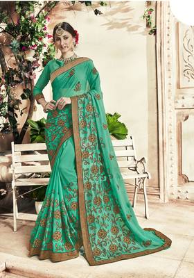 Sea green embroidered georgette saree with blouse 1