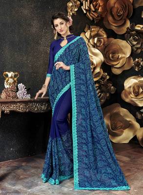 Blue embroidered georgette saree with blouse 1