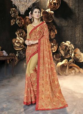 Cream embroidered georgette saree with blouse 1