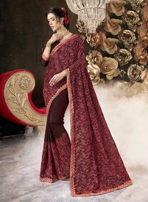 Maroon embroidered georgette saree with blouse 1