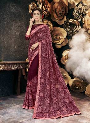 Wine embroidered georgette saree with blouse 1