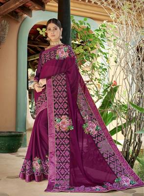 Wine embroidered fancy fabric saree with blouse 1
