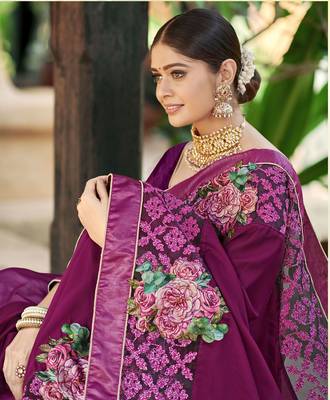 Wine embroidered fancy fabric saree with blouse 2