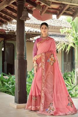 Peach embroidered fancy fabric saree with blouse 1