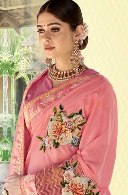 Peach embroidered fancy fabric saree with blouse 2