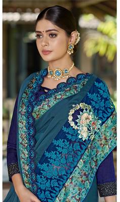 Teal embroidered fancy fabric saree with blouse 2