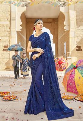 Blue embroidered georgette saree with blouse 1