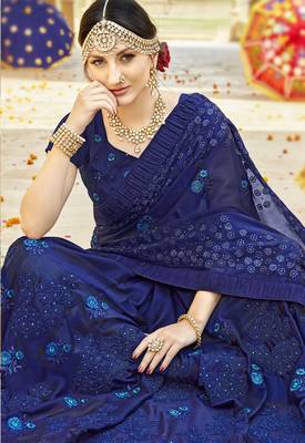 Blue embroidered georgette saree with blouse 2