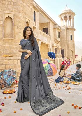 Grey embroidered georgette saree with blouse 1