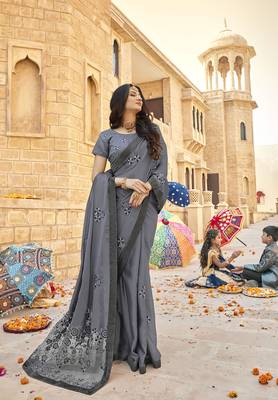 Grey embroidered georgette saree with blouse 2