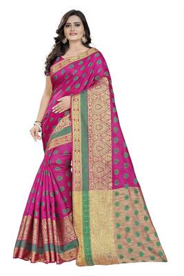 Pink Woven Cotton Saree With Blouse 1